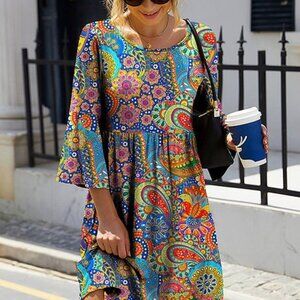 Blue & Yellow Paisley Bell-Sleeve Empire-Waist Dress